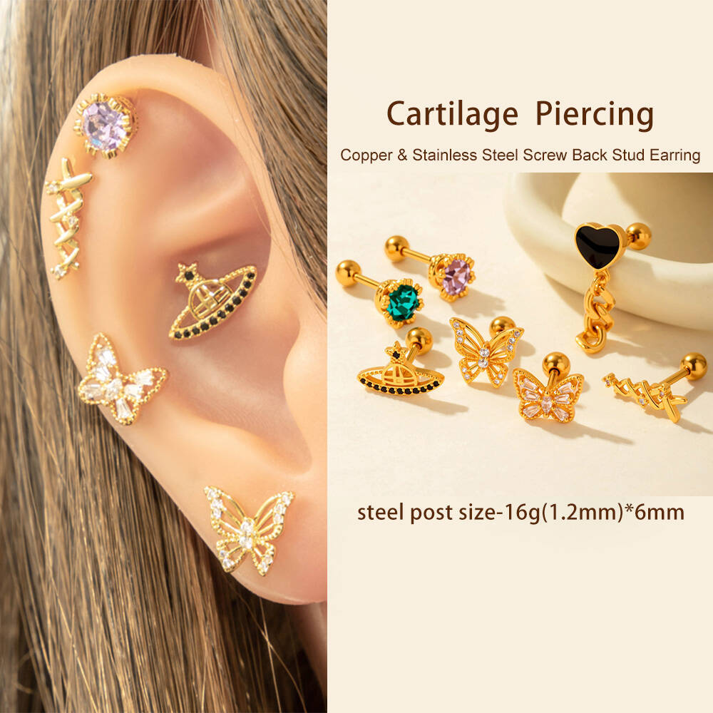 1 Pièce De Boucles D'Oreilles Piercing Pour Femme En Forme De Cœur Simple, Couleur Cuivre Et Or, Zircone h5Image3