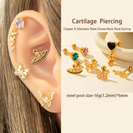 1 pièce de boucles d'oreilles piercing pour femme en forme de cœur simple, couleur cuivre et or, zircone 2