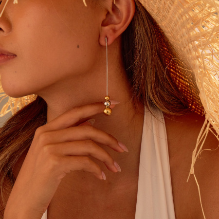 Boucles d'oreilles pendantes pour femme, en acier inoxydable doré, imperméables, avec perles, collection Simple Series (1 paire). 2