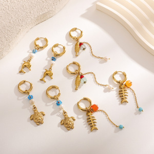 Boucles D'Oreilles Pendantes Pour Femmes, Motif Organisme Marin, En Acier Inoxydable Étanche, Couleur Or h5 Image3
