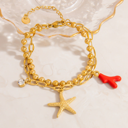 Bracelets de perles pour femmes en acier inoxydable, couleur or, motif étoile de mer de vacances