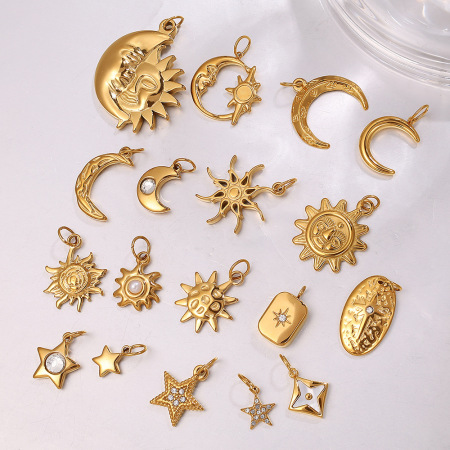 Pendentifs rétro soleil et lune en acier inoxydable étanche couleur or