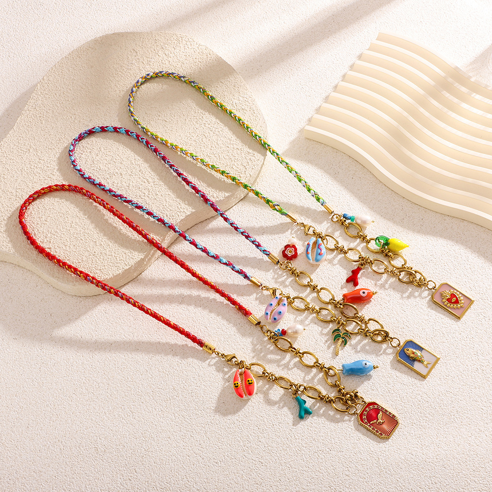 Colliers Pendentifs Pour Femmes En Acier Inoxydable Imperméable, Ornés D'Un Coquillage À Glaçure Huilée Colorée Image3