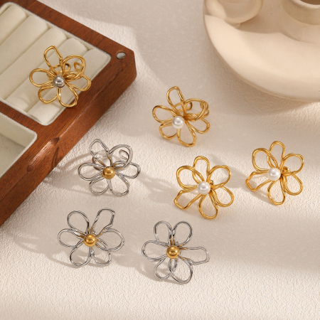 Boucles d'oreilles en acier inoxydable imperméable couleur or, motif floral