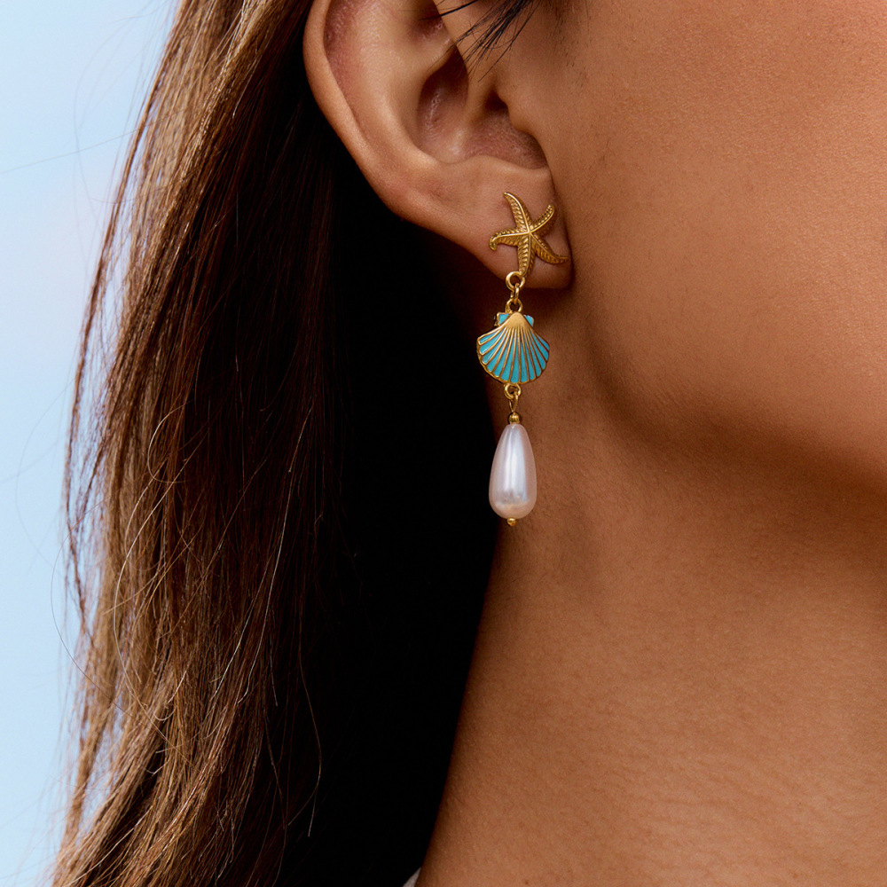 Boucles D'Oreilles Pendantes En Acier Inoxydable Couleur Or Ins Style Oceanic Image3