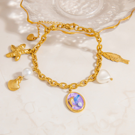 Bracelets à breloques pour femmes, motif tortue de vacances, en acier inoxydable, couleur or, avec perles artificielles.