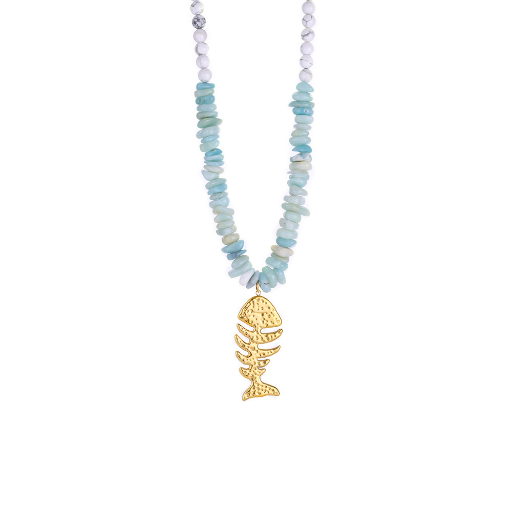 Colliers À Pendentif En Arête De Poisson Et Perles Turquoises Blanches Pour Femme 