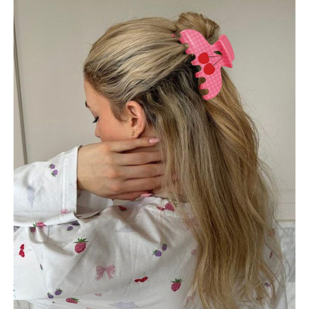 Pinces à cheveux en acrylique pour femme, élégantes et rétro, motif cerise rose 2