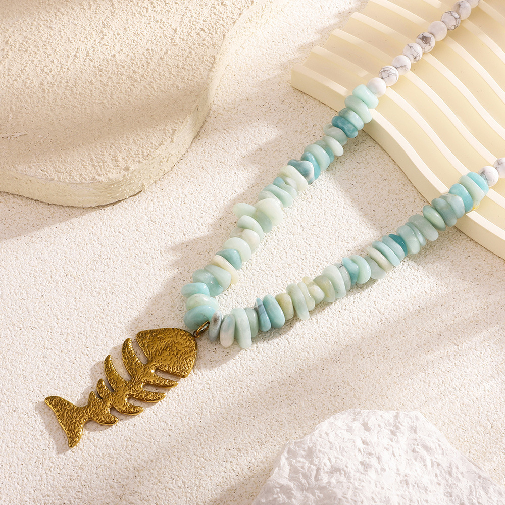 Colliers À Pendentif En Arête De Poisson Et Perles Turquoises Blanches Pour Femme Image5