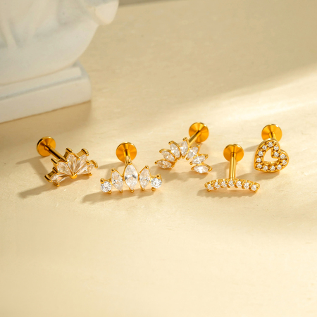Boucles d'oreilles piercing cœur en acier inoxydable étanche couleur or avec zircon (1 pièce)