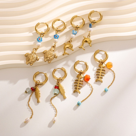 Boucles d'oreilles pendantes pour femmes, motif organisme marin, en acier inoxydable étanche, couleur or 2