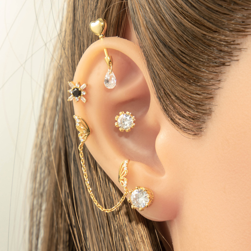 1 Pièce De Boucles D'Oreilles Piercing Pour Femme En Forme De Cœur Simple, Couleur Cuivre Et Or, Zircone Image4