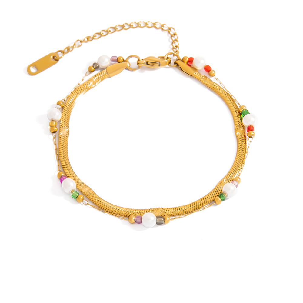 Bracelet Femme Étanche En Acier Inoxydable À Double Rangée De Perles 