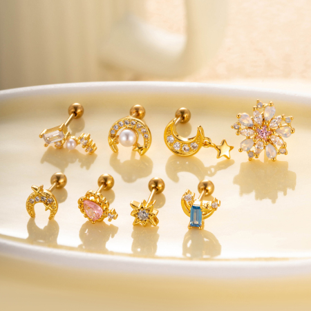 1 pièce de boucles d'oreilles piercing pour femme, série Simple, soleil/lune, cuivre, couleur or, zircon