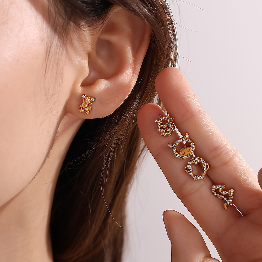 Boucles D'Oreilles Piercing Mignonnes En Acier Inoxydable Étanche Couleur Or, Motif Animal h5Image4