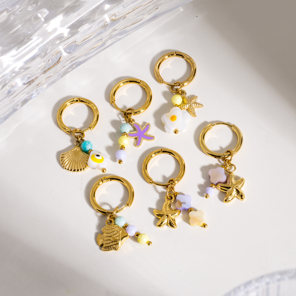 Boucles D'Oreilles Pendantes Étanches En Acier Inoxydable Doré, Motif Étoile De Mer, Collection Océan (1 Pièce) Image3