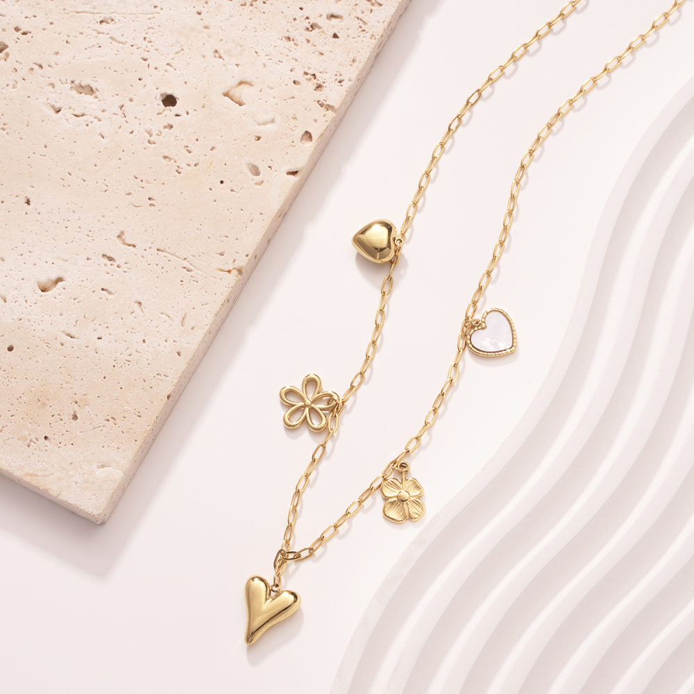 Colliers Pendentifs Pour Femmes En Acier Inoxydable Étanche, Couleur Or, Avec Pendentif Cœur Et Fleur Scintillants Image4