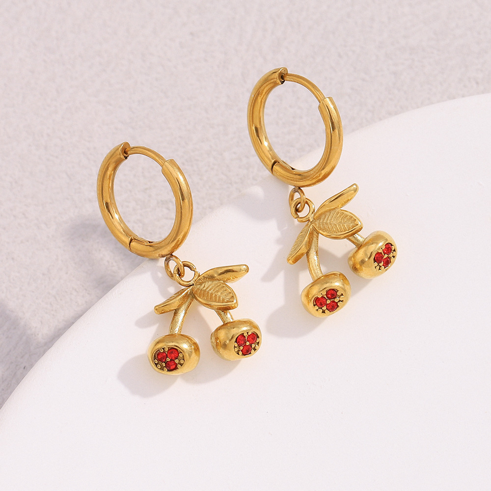 Boucles D'Oreilles Puces Pour Femmes, Motif Cerise Douce, En Acier Inoxydable Étanche, Collection Simple Series Image6