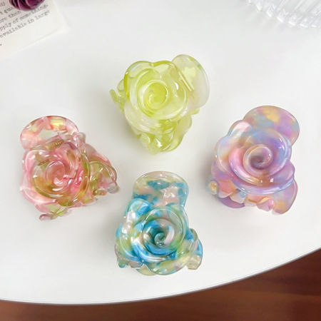 Pince à cheveux en acrylique multicolore en forme de rose tridimensionnelle pour femme