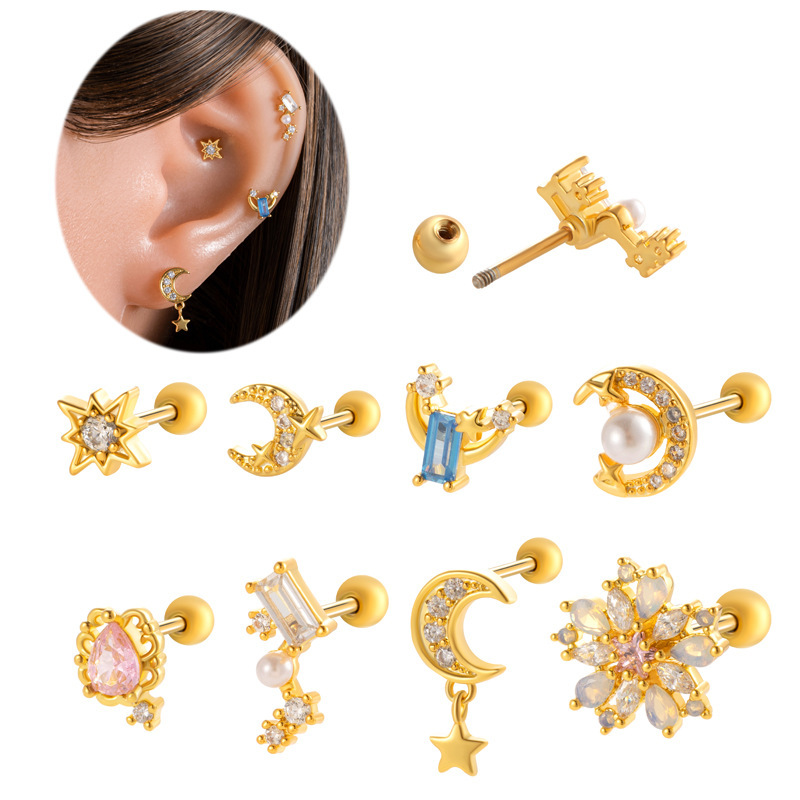 1 Pièce De Boucles D'Oreilles Piercing Pour Femme, Série Simple, Soleil/Lune, Cuivre, Couleur Or, Zircon Image3