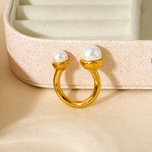 1 Paire De Bagues Romantiques Élégantes Géométriques En Acier Inoxydable Étanche Couleur Or Avec Perles Artificielles h5 Image3