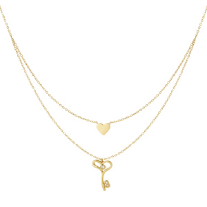 Magnifique Collier À Plusieurs Rangs Pour Femme, En Acier Inoxydable Imperméable, Couleur Or, Avec Pendentif Cœur Et Clé. h5