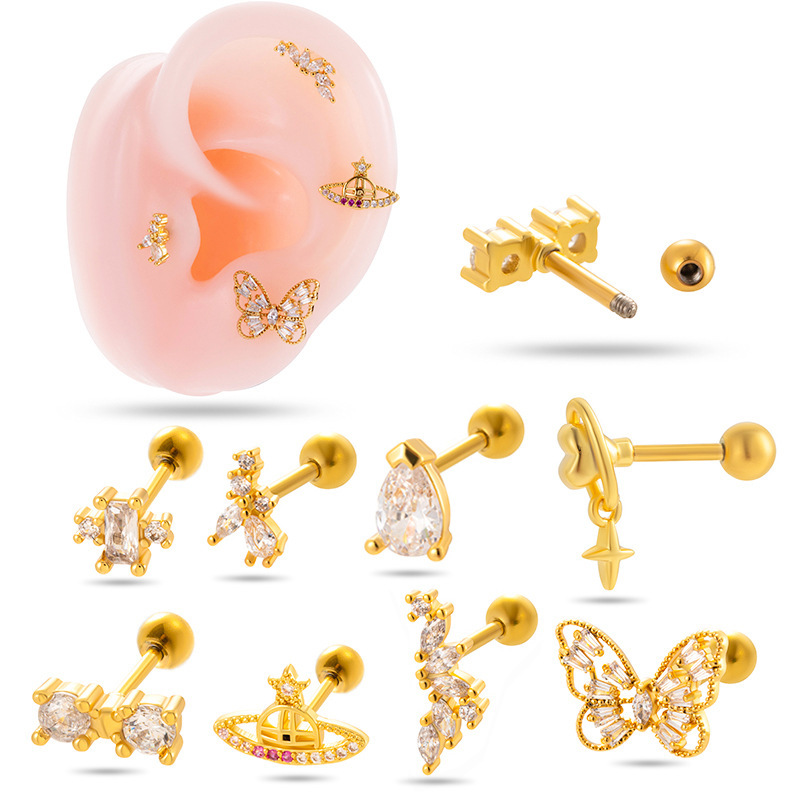 1 Pièce De Boucles D'Oreilles Piercing Pour Femme En Forme De Cœur Simple, Couleur Cuivre Et Or, Zircone h5Image4