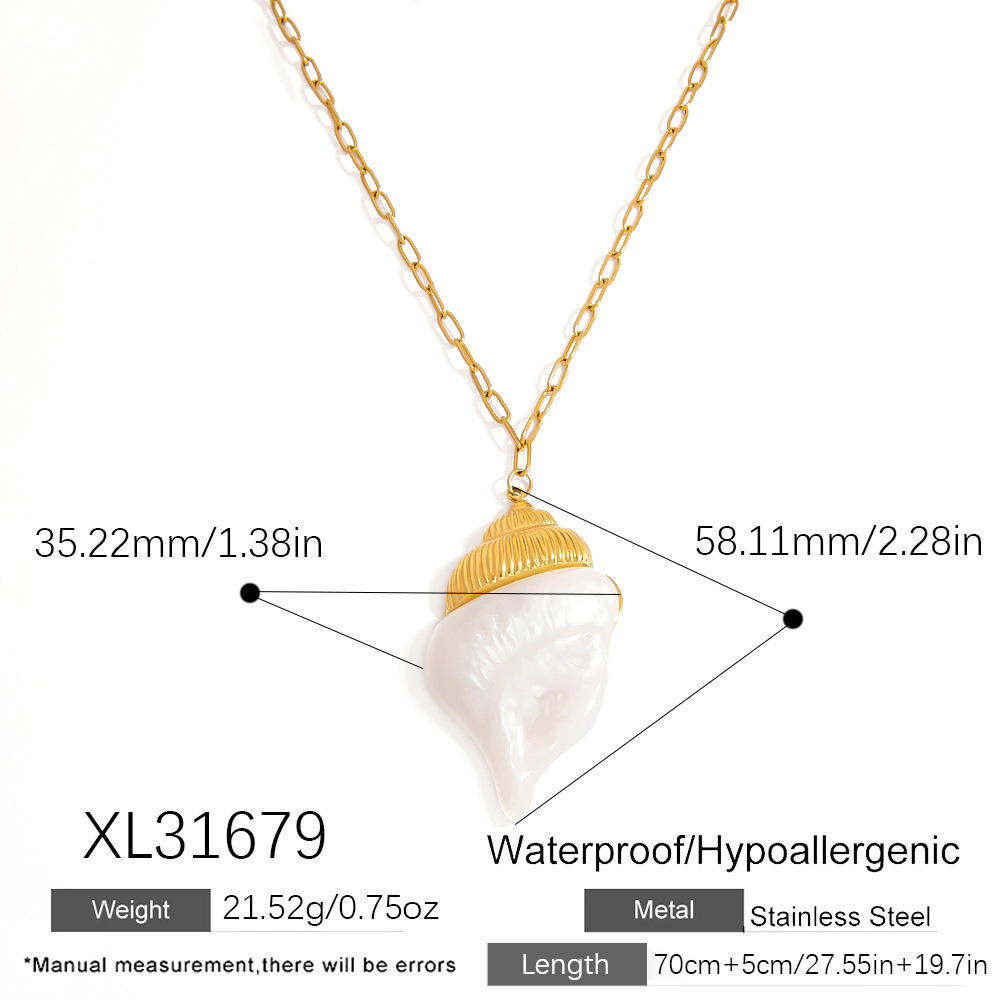 Collier Pendentif Femme Luxueux En Acier Inoxydable, Couleur Or, Motif Coquillage Image2
