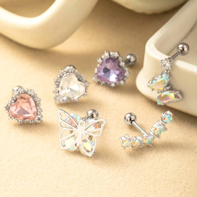 1 Pièce De Boucles D'Oreilles Piercing Pour Femme En Forme De Cœur Simple, Couleur Cuivre Et Or, Zircone h5Image6