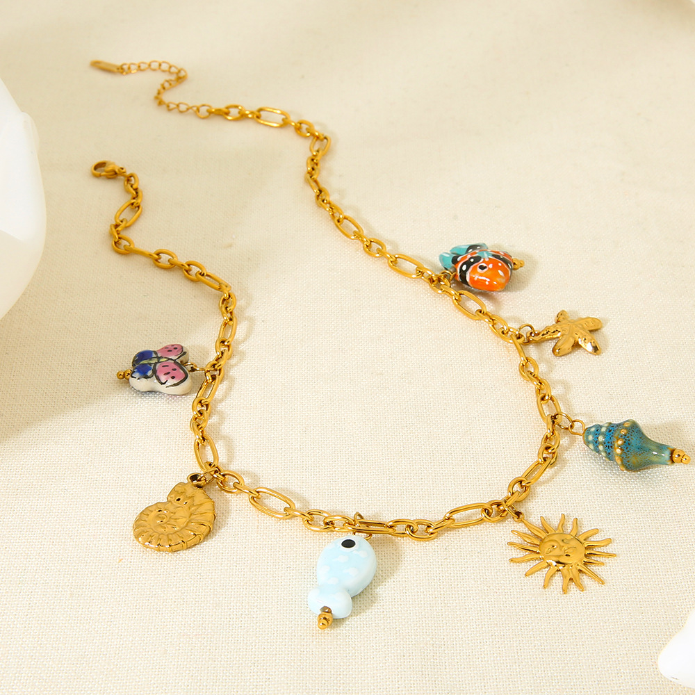 Collier Femme Étanche Avec Pendentif En Céramique À Motif Marin Et Acier Inoxydable h5Image2