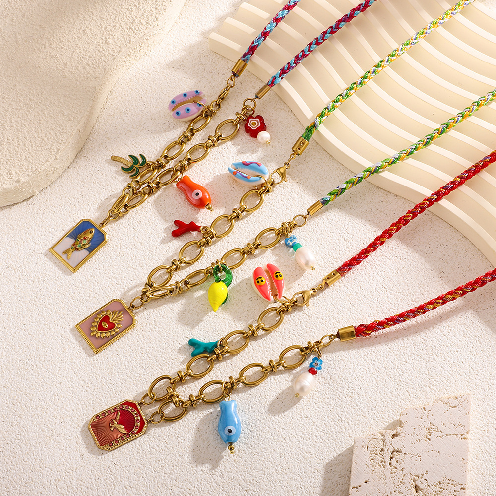 Colliers Pendentifs Pour Femmes En Acier Inoxydable Imperméable, Ornés D'Un Coquillage À Glaçure Huilée Colorée Image4
