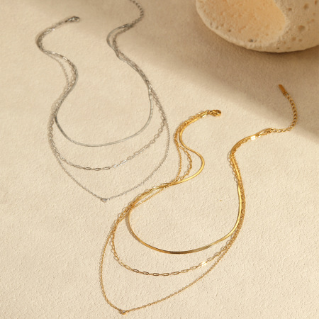 1 paire de colliers superposés pour femmes, en acier inoxydable imperméable, couleur or, série Simple 2