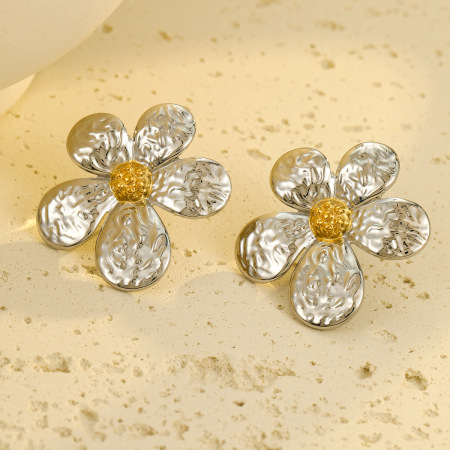 Boucles d'oreilles puces pour femme, collection romantique, motif floral, en acier inoxydable étanche, couleur or (1 paire). 2