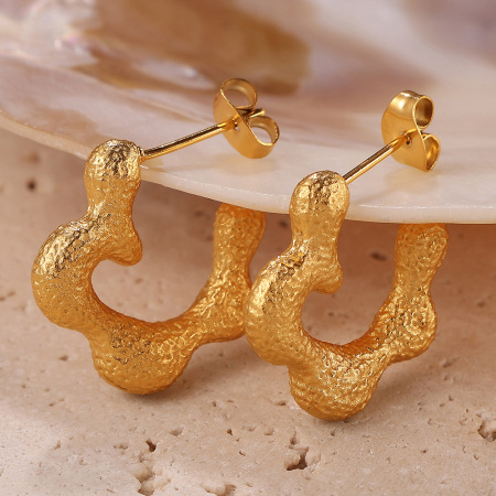Boucles d'oreilles créoles en acier inoxydable imperméable couleur or, motif floral