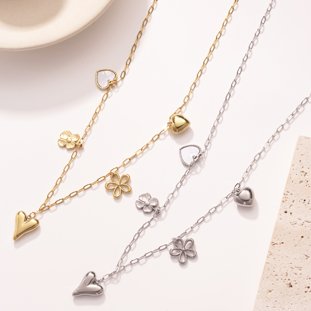 Colliers Pendentifs Pour Femmes En Acier Inoxydable Étanche, Couleur Or, Avec Pendentif Cœur Et Fleur Scintillants Image5