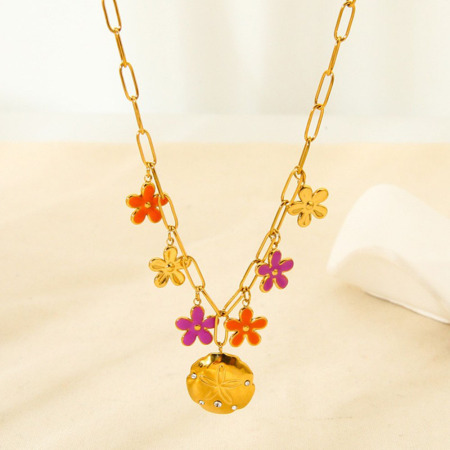 1 paire de colliers pendentifs pour femmes, collection romantique « Sweet Flower », en acier inoxydable étanche couleur or et zircon.