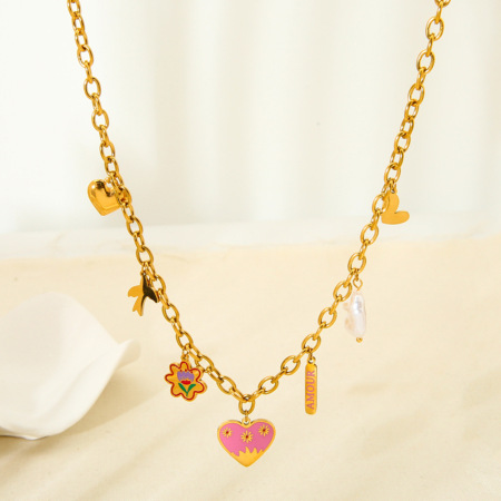 Collier pour femme avec pendentif cœur rose en acier inoxydable étanche à faire soi-même