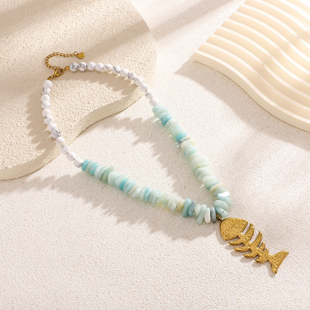 Colliers À Pendentif En Arête De Poisson Et Perles Turquoises Blanches Pour Femme Image3
