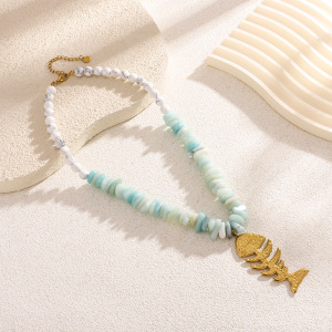 Colliers À Pendentif En Arête De Poisson Et Perles Turquoises Blanches Pour Femme h5 Image3
