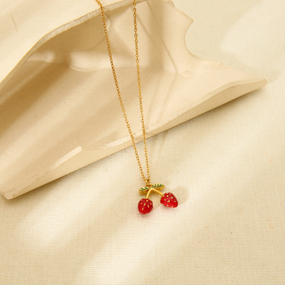 Colliers Pendentifs Pour Femmes, Collection Romantique, Motif Cerise Douce, En Acier Inoxydable Étanche Couleur Or h5Image4