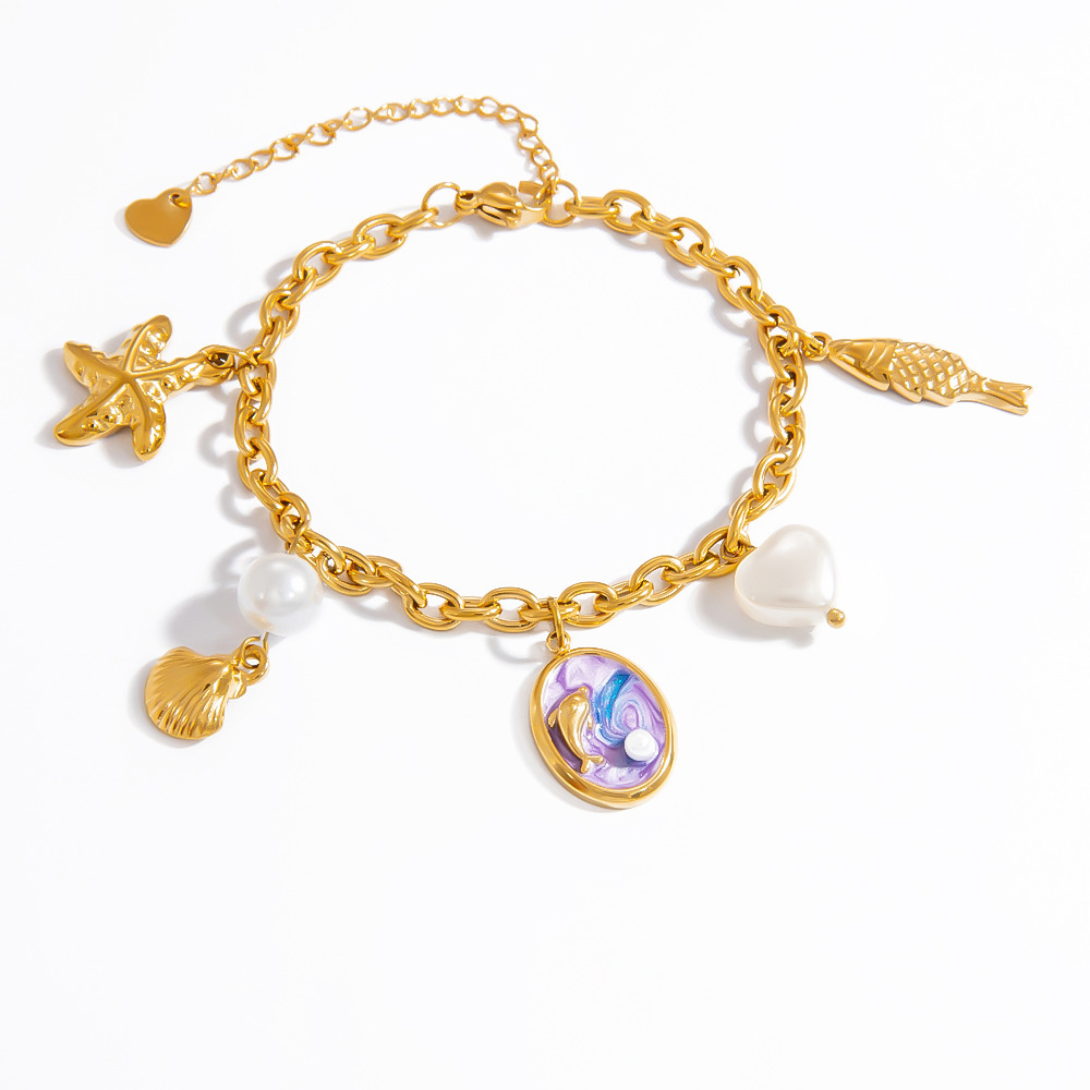 Bracelets À Breloques Pour Femmes, Motif Tortue De Vacances, En Acier Inoxydable, Couleur Or, Avec Perles Artificielles. Image6