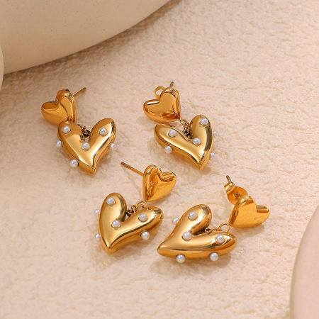 Boucles d'oreilles pendantes en acier inoxydable doré, couleur cœur, étanches.