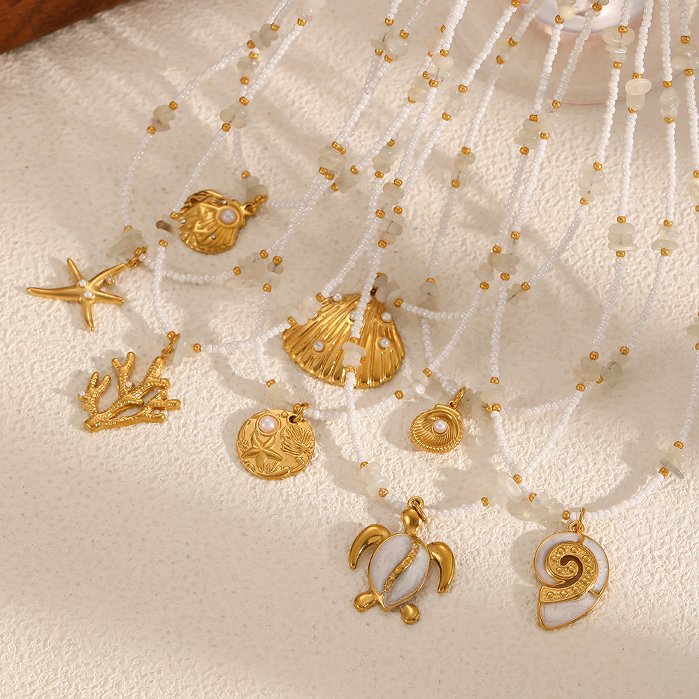 Colliers Avec Pendentifs En Acier Inoxydable Couleur Or Ins Style Oceanic Image2