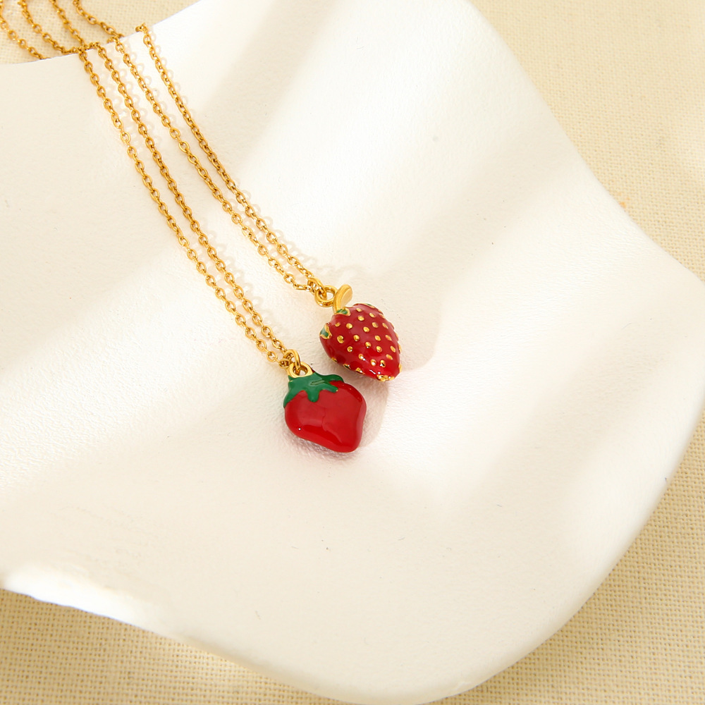 Colliers Pendentifs Pour Femmes, Collection Romantique, Motif Fraise Douce, En Acier Inoxydable Étanche Image3