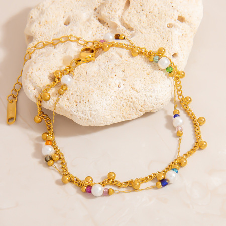 Bracelet femme étanche en acier inoxydable à double rangée de perles