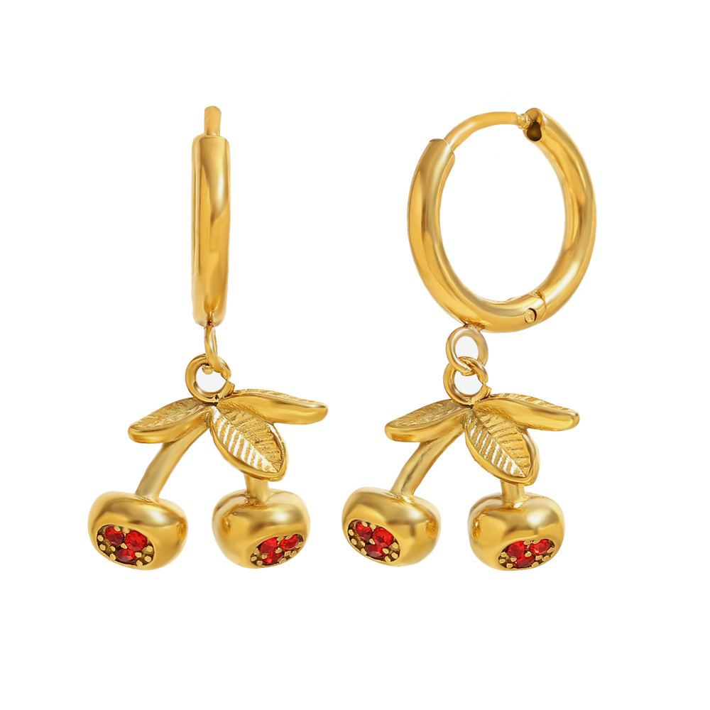 Boucles D'Oreilles Puces Pour Femmes, Motif Cerise Douce, En Acier Inoxydable Étanche, Collection Simple Series 
