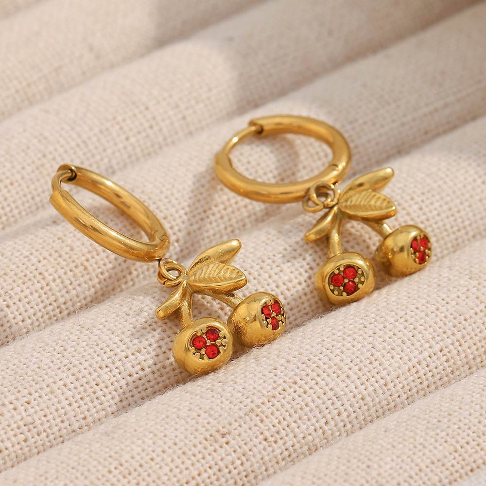 Boucles D'Oreilles Puces Pour Femmes, Motif Cerise Douce, En Acier Inoxydable Étanche, Collection Simple Series Image5