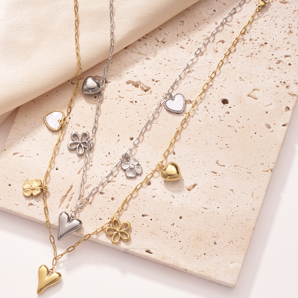 Colliers Pendentifs Pour Femmes En Acier Inoxydable Étanche, Couleur Or, Avec Pendentif Cœur Et Fleur Scintillants Image3