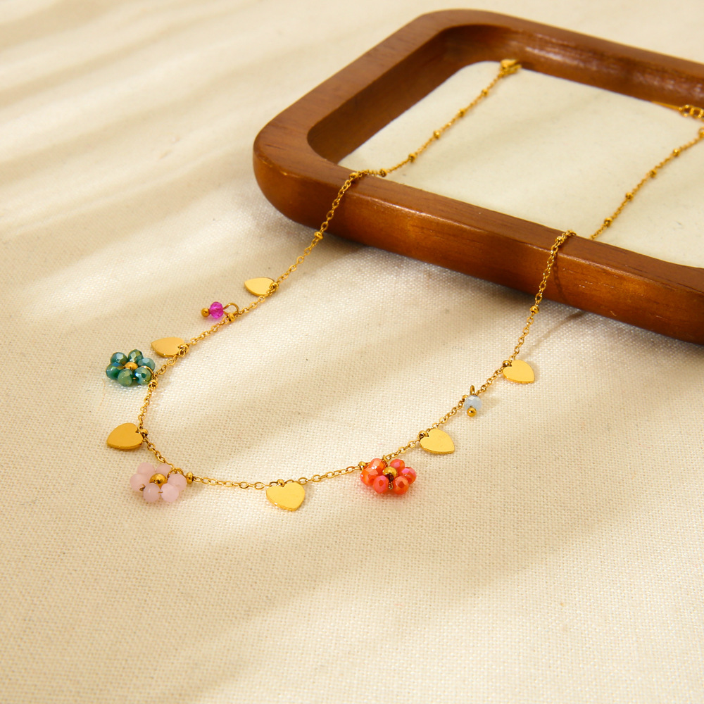 1 Paire De Colliers Pendentifs Pour Femmes, Collection Romantique « Douce Fleur », En Acier Inoxydable Étanche Couleur Or Et Verre. Image4