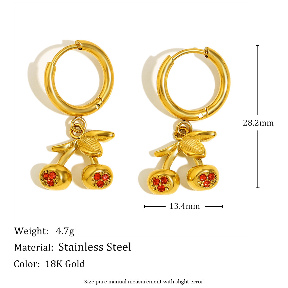 Boucles D'Oreilles Puces Pour Femmes, Motif Cerise Douce, En Acier Inoxydable Étanche, Collection Simple Series Image2